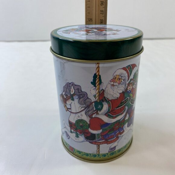 Set Of 2 Vintage Christmas Santa Claus Carousel Window Tin Canisters With Lids - Picture 14 of 16